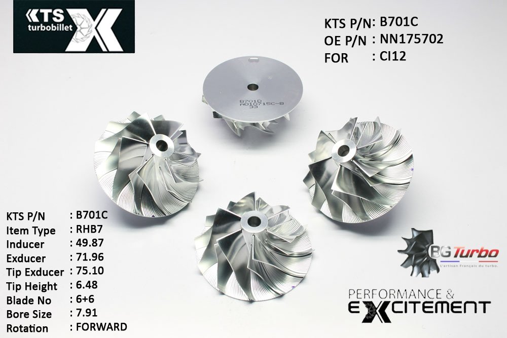 Turbo ROUE FORGÉE MFS PERFORMANCE - 6+6 PALES - INDUCER : 49,87 - EXDUCER : 71,96 - TYPE : RHB7ANGLE : 60° - ROTATION : Forward - SUPER BACK : 0 - BORE SIZE : 7,91
